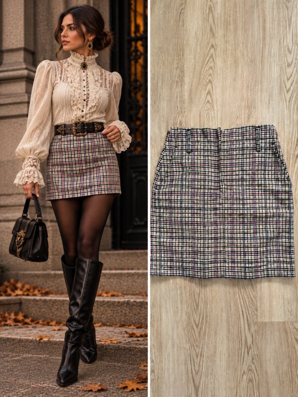 Sandro Tan Navy Burgundy Plaid Tweed Mini Skirt Tailored Preppy Academia 3